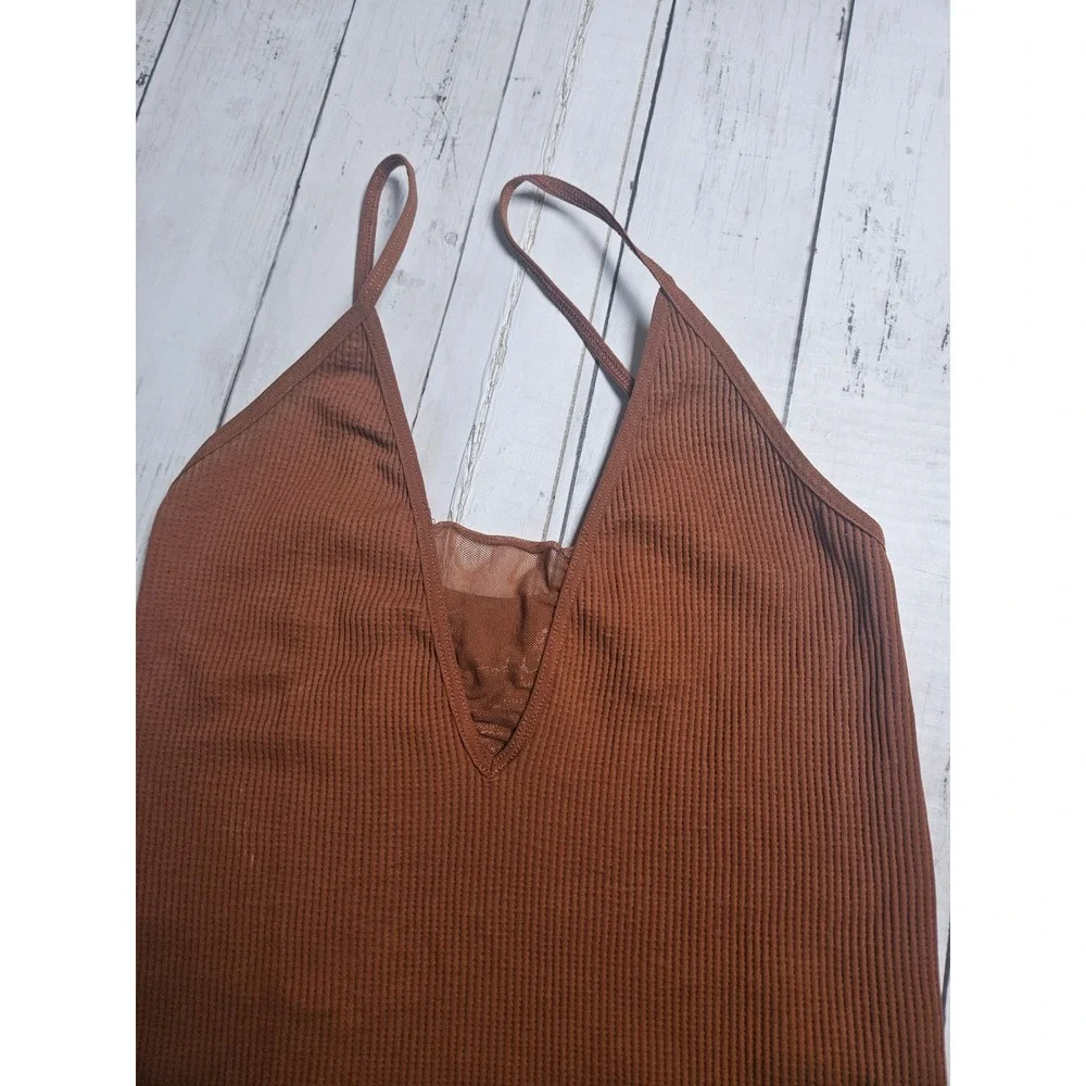 Free People Intimately Come Around Tank Top Rust Brown Ribbed Mesh V-Neck M/L - Picture 4 of 10